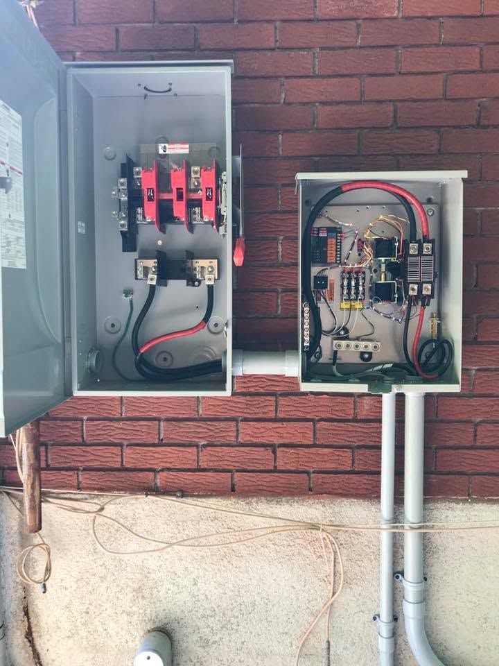 An open disconnect and transfer switch wired for a standby generator