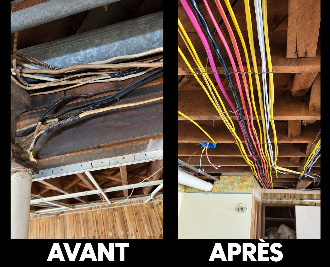 Avant et après : un vieux filage emmêlé remplacé par un filage neuf, propre et bien fixé entre les solives