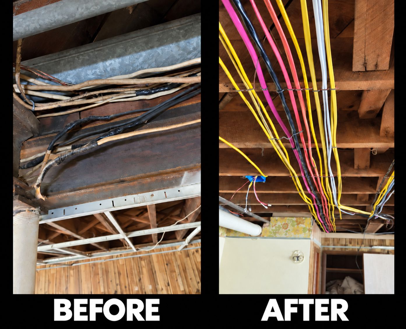 Before and after: tangled old wiring replaced with new, neatly secured wiring between the joists